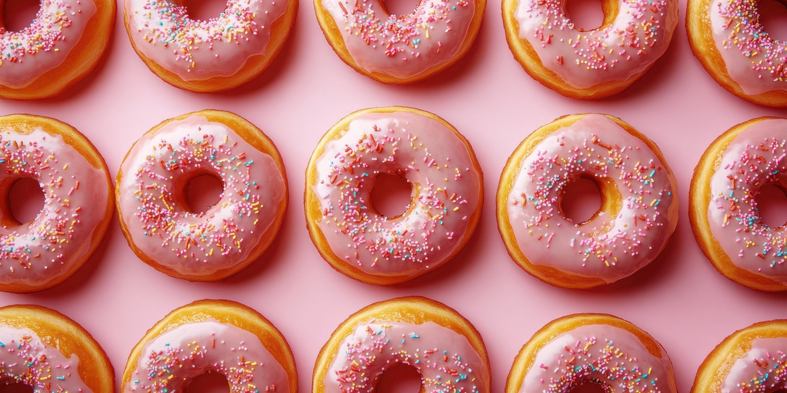 Delicious pink frosted donuts with colorful sprinkles arranged on a pastel background
